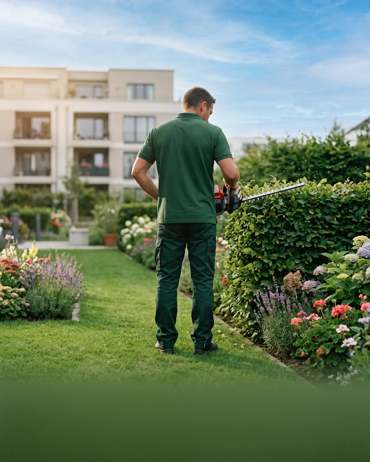 Mitarbeiter bei der Gartenpflege im Chutov-Shirt